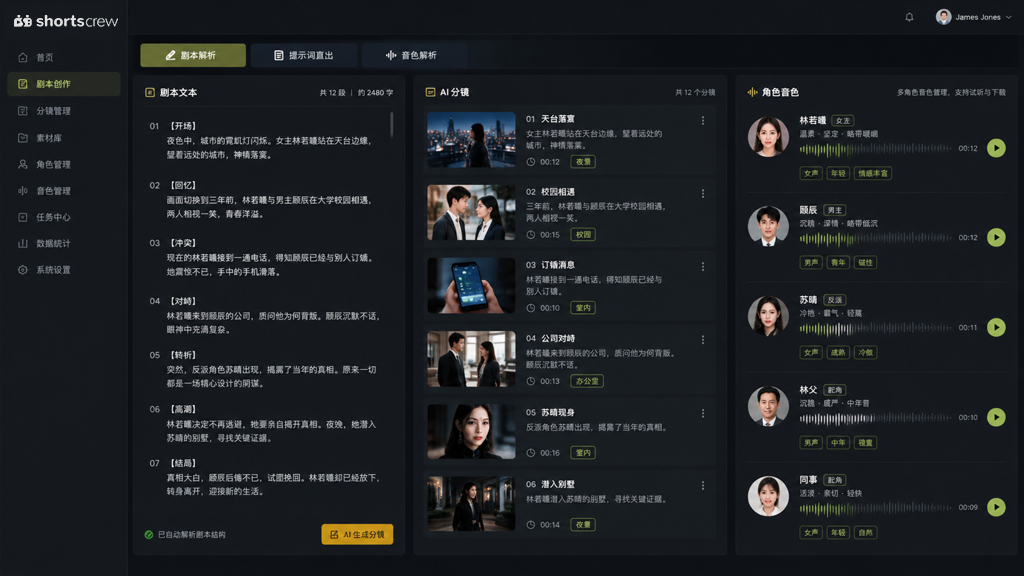 AI 剧本分镜解析与角色音色面板
